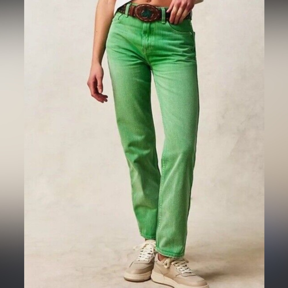 Free People High-Rise Straight Leg Jeans in Bright Green